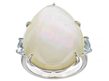Picture of White Mother-of-Pearl and Sky Blue Topaz Rhodium Over Sterling Silver Ring