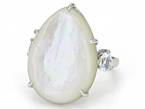 White Mother-of-Pearl and Sky Blue Topaz Rhodium Over Sterling Silver Ring
