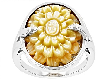 Picture of Carved Golden Mother-of-Pearl Rhodium Over Sterling Silver Flower Ring