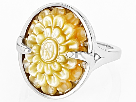 Carved Golden Mother-of-Pearl Rhodium Over Sterling Silver Flower Ring