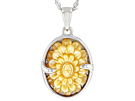 Carved Golden Mother-Of-Pearl Rhodium Over Sterling Silver Pendant with Chain