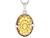 Carved Golden Mother-Of-Pearl Rhodium Over Sterling Silver Pendant with Chain