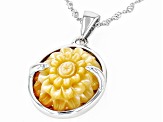 Carved Golden Mother-Of-Pearl Rhodium Over Sterling Silver Pendant with Chain