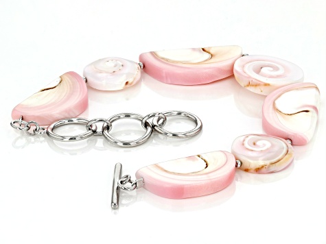 Pink Conch Shell Rhodium Over Sterling Silver Toggle Bracelet