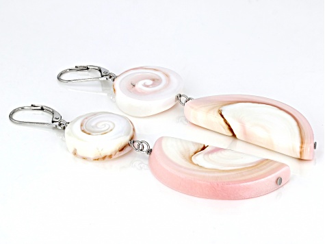 Pink Conch Shell Rhodium Over Sterling Silver Dangle Earrings