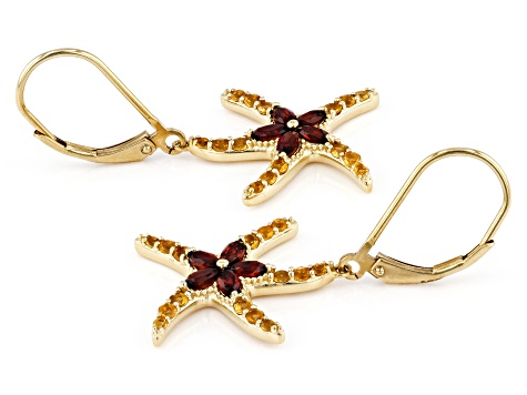 Red Garnet and Citrine 18k Yellow Gold Over Sterling Silver Sea Star Earrings 1.48ctw