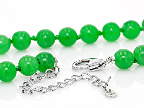 6mm Green Jadeite Rhodium over Sterling Silver Beaded Necklace