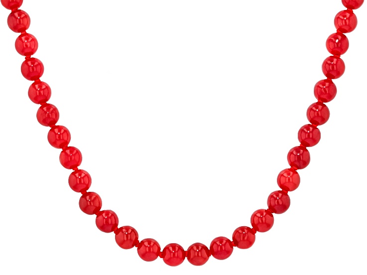 Red Jadeite Rhodium over Sterling Silver Beaded Necklace, 6mm