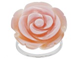 25mm Flower Carved Pink Conch Shell Rhodium Over Sterling Silver Ring