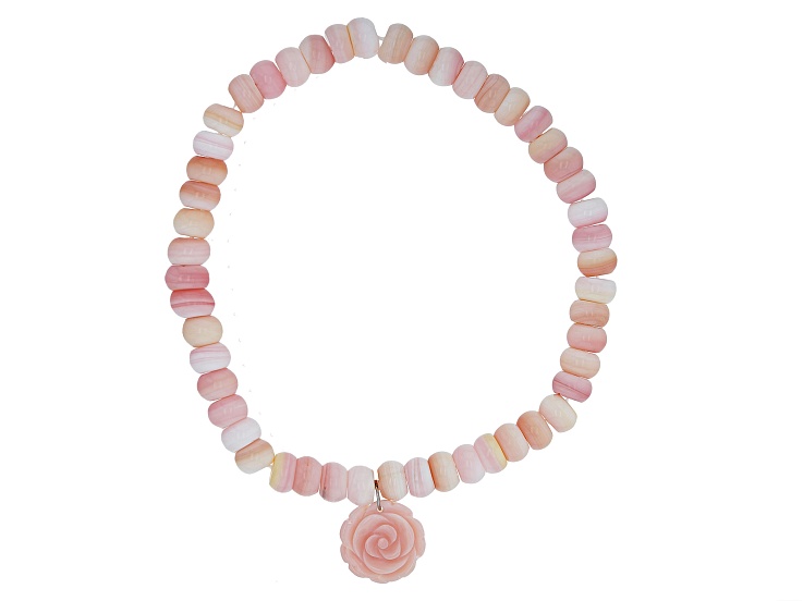 6mm Pink Conch Shell Rhodium Over Sterling Silver Beaded Stretch