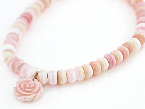 6mm Pink Conch Shell Rhodium Over Sterling Silver Beaded Stretch Bracelet with Carved Flower Drop