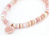 6mm Pink Conch Shell Rhodium Over Sterling Silver Beaded Stretch Bracelet with Carved Flower Drop