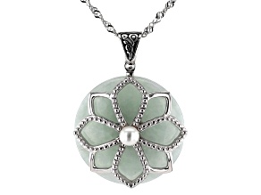 25mm Green Jadeite and 4mm Cultured Freshwater Pearl Rhodium Over Sterling Silver Pendant with Chain