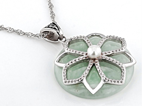 25mm Green Jadeite and 4mm Cultured Freshwater Pearl Rhodium Over Sterling Silver Pendant with Chain