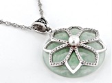 25mm Green Jadeite and 4mm Cultured Freshwater Pearl Rhodium Over Sterling Silver Pendant with Chain