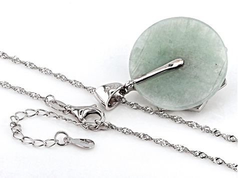 25mm Green Jadeite and 4mm Cultured Freshwater Pearl Rhodium Over Sterling Silver Pendant with Chain