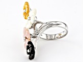 10-12mm Multi-Color Mother-of-Pearl Rhodium Over Sterling Silver Carved Flower Ring