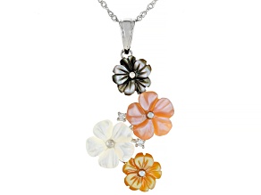 Multi-Color Mother-of-Pearl Rhodium Over Sterling Silver Carved Flower Pendant With Chain