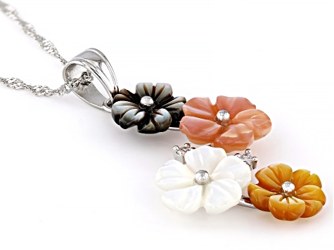 Multi-Color Mother-of-Pearl Rhodium Over Sterling Silver Carved Flower Pendant With Chain