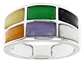 8x4mm Multi-Color Jadeite Rhodium Over Sterling Silver Band Ring