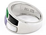 8x4mm Multi-Color Jadeite Rhodium Over Sterling Silver Band Ring