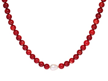 Picture of 7mm Red Coral and 8-11mm Cultured Freshwater Pearl Rhodium Over Sterling Silver Beaded Necklace