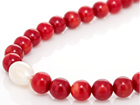 7mm Red Coral and 8-11mm Cultured Freshwater Pearl Rhodium Over Sterling Silver Beaded Necklace