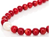 7mm Red Coral and 8-11mm Cultured Freshwater Pearl Rhodium Over Sterling Silver Beaded Necklace