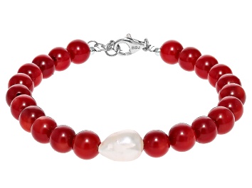 Picture of 7mm Red Coral and White Cultured Freshwater Pearl Rhodium Over Sterling Silver Beaded Bracelet