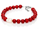 7mm Red Coral and White Cultured Freshwater Pearl Rhodium Over Sterling Silver Beaded Bracelet