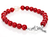 7mm Red Coral and White Cultured Freshwater Pearl Rhodium Over Sterling Silver Beaded Bracelet