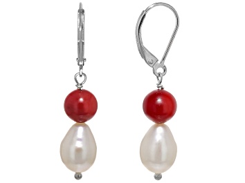 Picture of 7mm Red Coral & 8mm White Cultured Freshwater Pearl Rhodium Over Sterling Silver Earrings