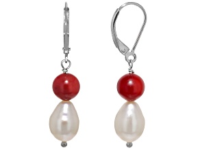 7mm Red Coral & 8mm White Cultured Freshwater Pearl Rhodium Over Sterling Silver Earrings