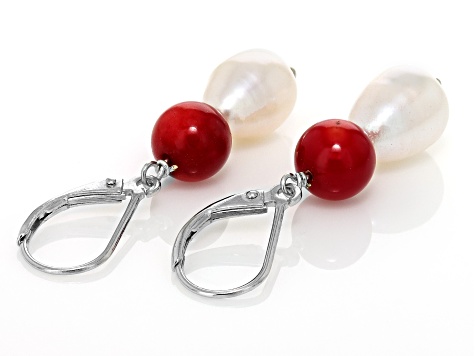 7mm Red Coral & 8mm White Cultured Freshwater Pearl Rhodium Over Sterling Silver Earrings
