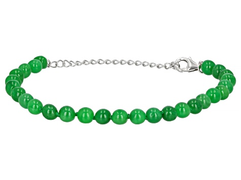 6mm Green Jadeite Rhodium over Sterling Silver Beaded Bracelet