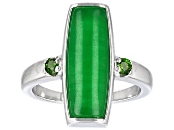 Picture of 18x6mm Green Jadeite & Chrome Diopside Rhodium Over Sterling Silver Ring 0.15ctw