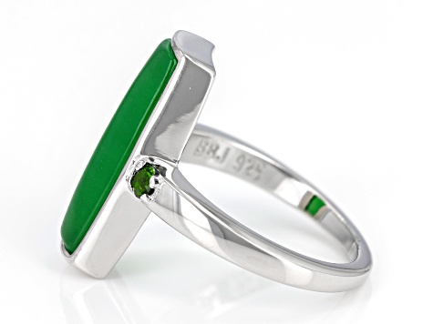 18x6mm Green Jadeite & Chrome Diopside Rhodium Over Sterling Silver Ring 0.15ctw