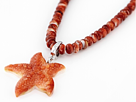 35mm Orange Spiny Oyster Sterling Silver Starfish Pendant With 6mm Necklace