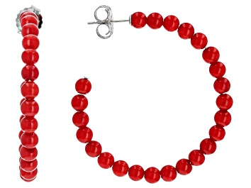 Picture of Red Coral Rhodium Over Sterling Silver Beaded Hoop Earrings 4mm