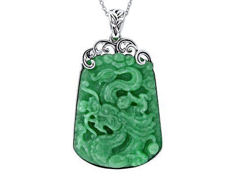 50x39mm Green Jadeite Carved Dragon Sterling Silver Enhancer Pendant With Chain