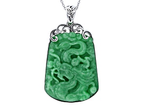 50x39mm Green Jadeite Carved Dragon Sterling Silver Enhancer Pendant With Chain