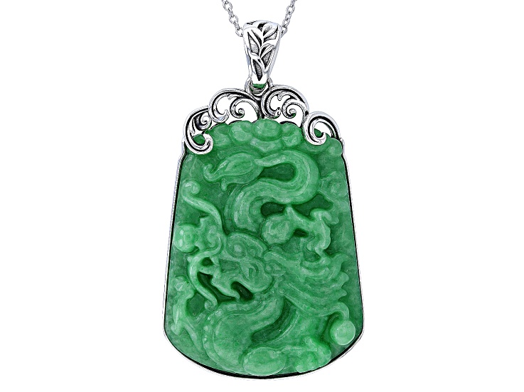 50x39mm Green Jadeite Carved Dragon Sterling Silver Enhancer