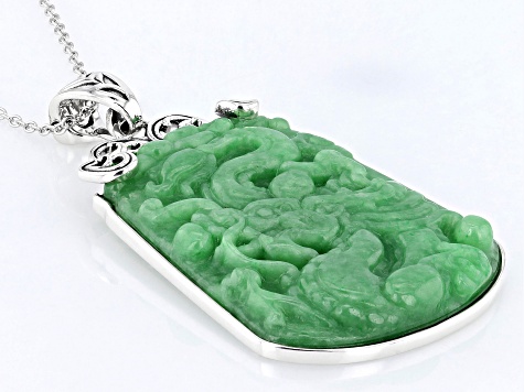 50x39mm Green Jadeite Carved Dragon Sterling Silver Enhancer Pendant With Chain