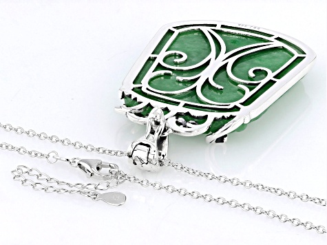 50x39mm Green Jadeite Carved Dragon Sterling Silver Enhancer Pendant With Chain