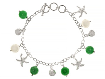 Picture of 10mm Cultured Freshwater Pearl & Jadeite Sterling Silver Charm Bracelet