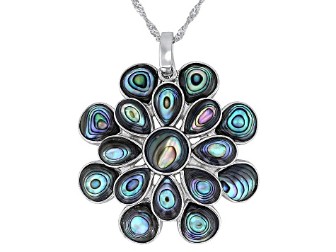 Abalone Shell Rhodium Over Sterling Silver Flower Enhancer W/Chain