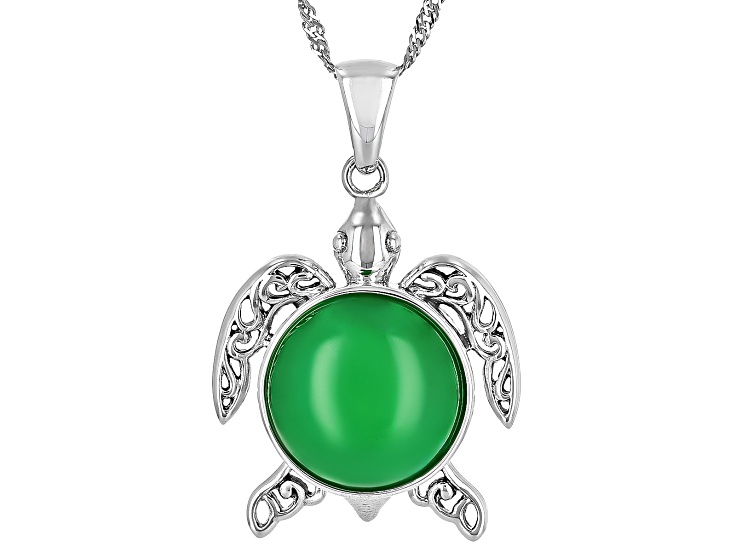Green Jadeite Sterling Silver Turtle Enhancer Pendant With 18" Singapore Chain 15mm