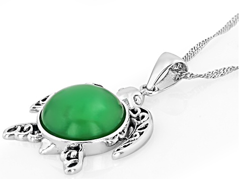 Green Jadeite Sterling Silver Turtle Enhancer Pendant With 18" Singapore Chain 15mm