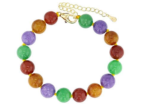 10mm Beaded Multi-Color Jadeite 18K Gold Over Sterling Silver Bracelet