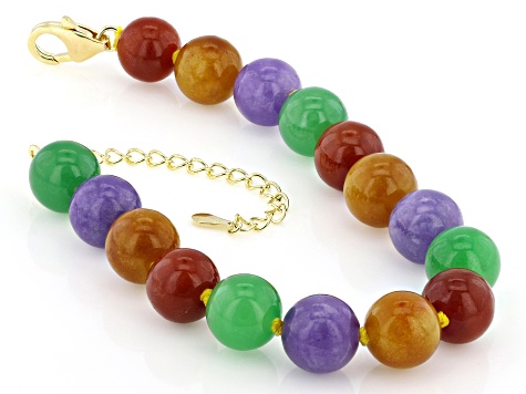 10mm Beaded Multi-Color Jadeite 18K Gold Over Sterling Silver Bracelet